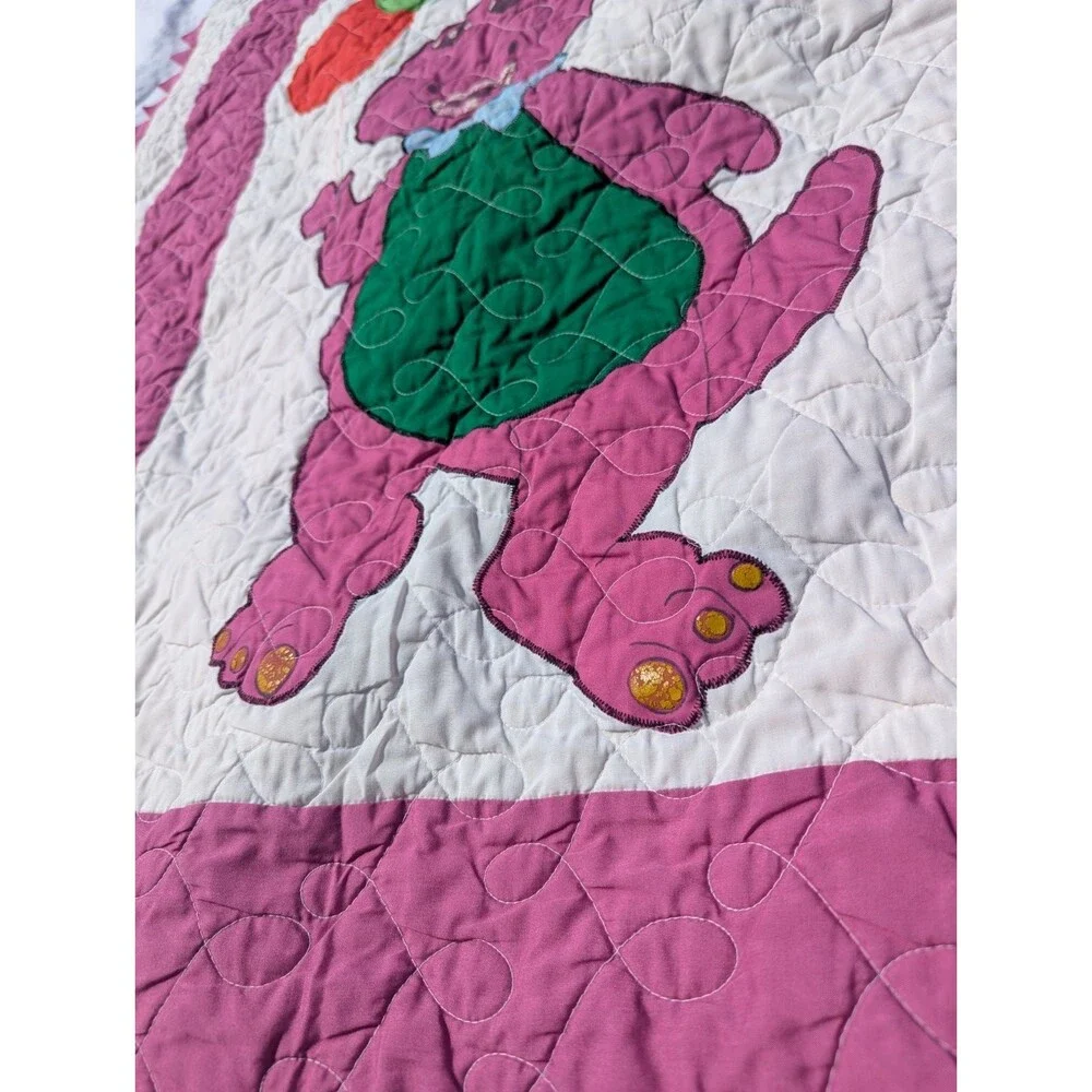 Vintage Handmade Barney the Dinosaur Baby Quilt Blanket Colorful Balloons 43